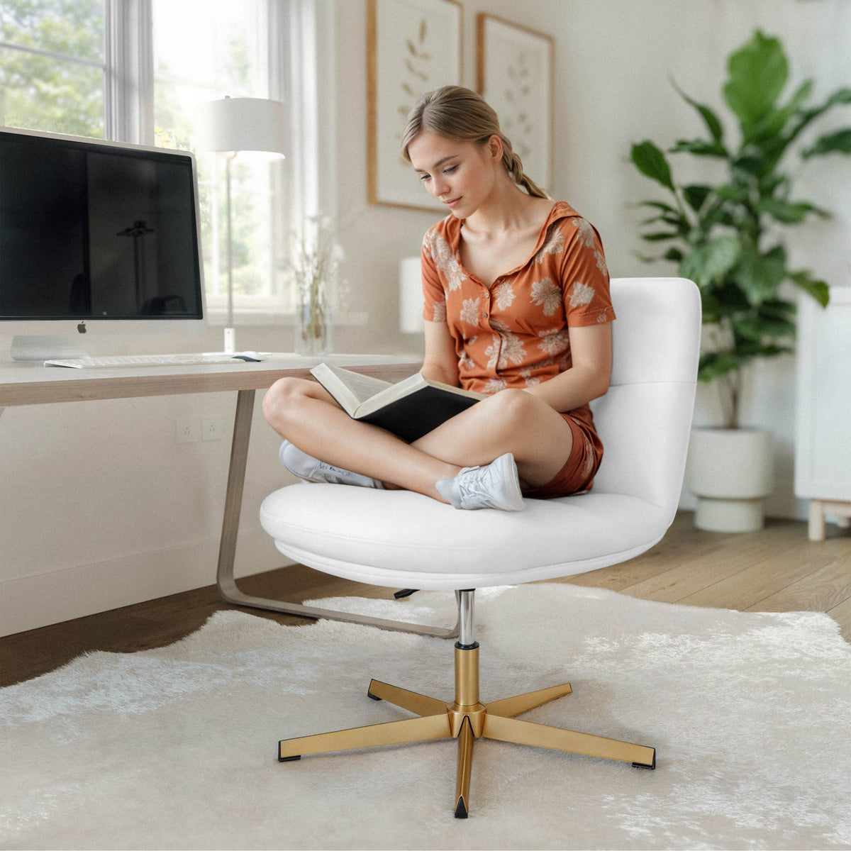 White LeatherSoft/Gold Frame |#| Commercial Wide Mid-Back Padded LeatherSoft Swivel Office Chair in White/Gold