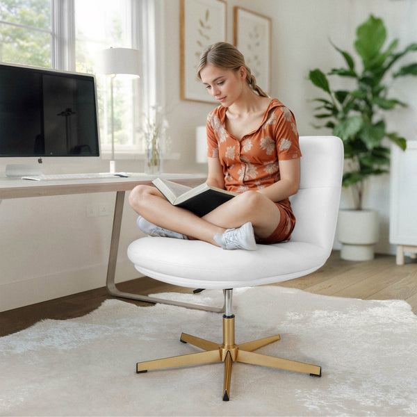 White LeatherSoft/Gold Frame |#| Commercial Wide Mid-Back Padded LeatherSoft Swivel Office Chair in White/Gold