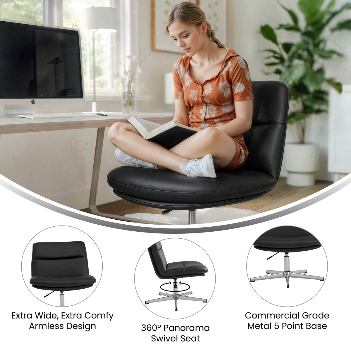 Black LeatherSoft/Chrome Frame |#| Commercial Wide Mid-Back Padded LeatherSoft Swivel Office Chair in Black/Chrome