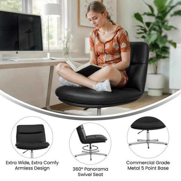 Black LeatherSoft/Chrome Frame |#| Commercial Wide Mid-Back Padded LeatherSoft Swivel Office Chair in Black/Chrome