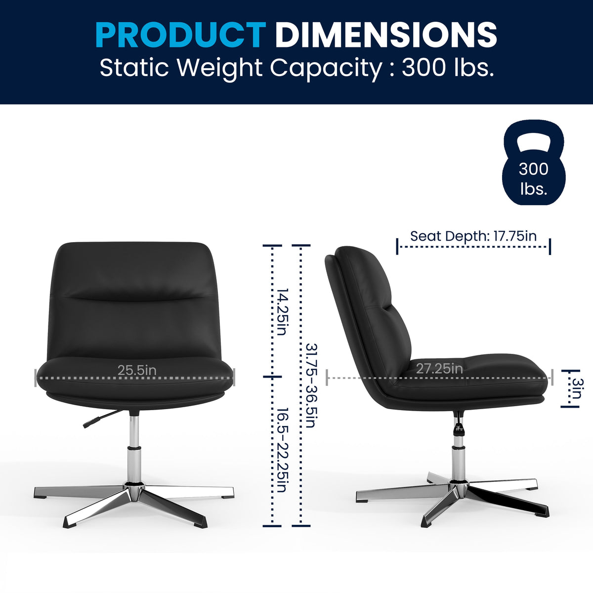 Black LeatherSoft/Chrome Frame |#| Commercial Wide Mid-Back Padded LeatherSoft Swivel Office Chair in Black/Chrome