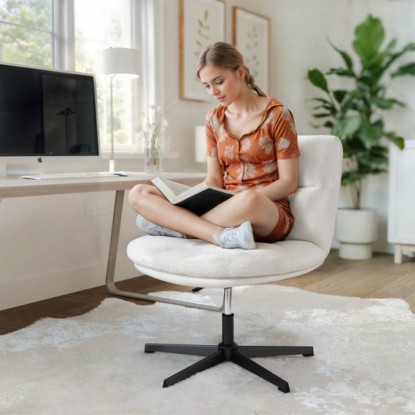 Cream Faux Shearling/Black Frame |#| Commercial Wide Mid-Back Padded Faux Shearling Swivel Office Chair in Cream/Blk