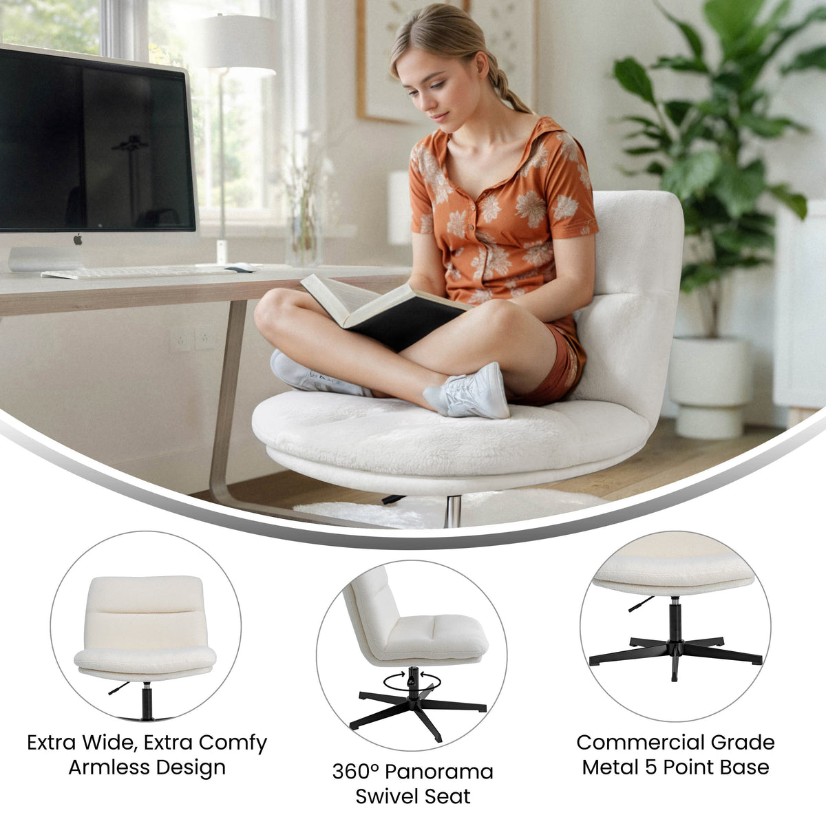 Cream Faux Shearling/Black Frame |#| Commercial Wide Mid-Back Padded Faux Shearling Swivel Office Chair in Cream/Blk