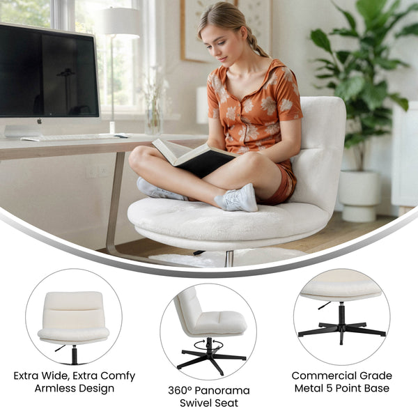 Cream Faux Shearling/Black Frame |#| Commercial Wide Mid-Back Padded Faux Shearling Swivel Office Chair in Cream/Blk