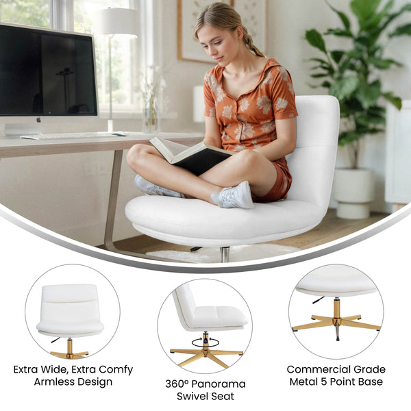 White LeatherSoft/Gold Frame |#| Commercial Wide Mid-Back Padded LeatherSoft Swivel Office Chair in White/Gold