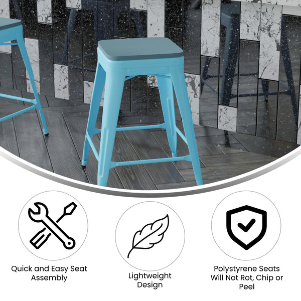 Teal-Blue Resin Wood Seat/Teal Frame |#| All-Weather Teal Commercial Backless Counter Stools-Teal Poly Seat-4 PK