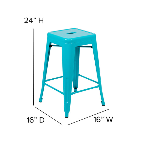 Teal-Blue Resin Wood Seat/Teal Frame |#| All-Weather Teal Commercial Backless Counter Stools-Teal Poly Seat-4 PK