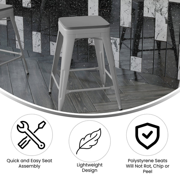 Gray Resin Wood Seat/Silver Frame |#| All-Weather Silver Commercial Backless Counter Stools-Gray Poly Seat-4 PK