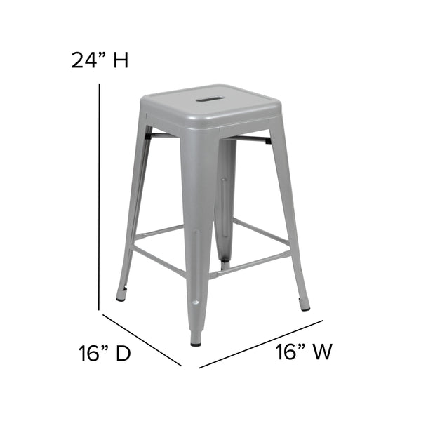 Gray Resin Wood Seat/Silver Frame |#| All-Weather Silver Commercial Backless Counter Stools-Gray Poly Seat-4 PK