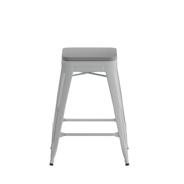 Gray Resin Wood Seat/Silver Frame |#| All-Weather Silver Commercial Backless Counter Stools-Gray Poly Seat-4 PK
