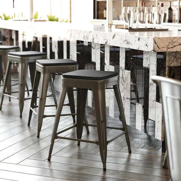 Black Resin Wood Seat/Gun Metal Frame |#| All-Weather GN Commercial Backless Counter Stools-Black Poly Seat-4 PK