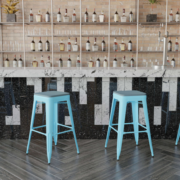 Teal-Blue Resin Wood Seat/Teal Frame |#| All-Weather Teal Commercial Backless Bar Stools-Teal Poly Seat-4 PK