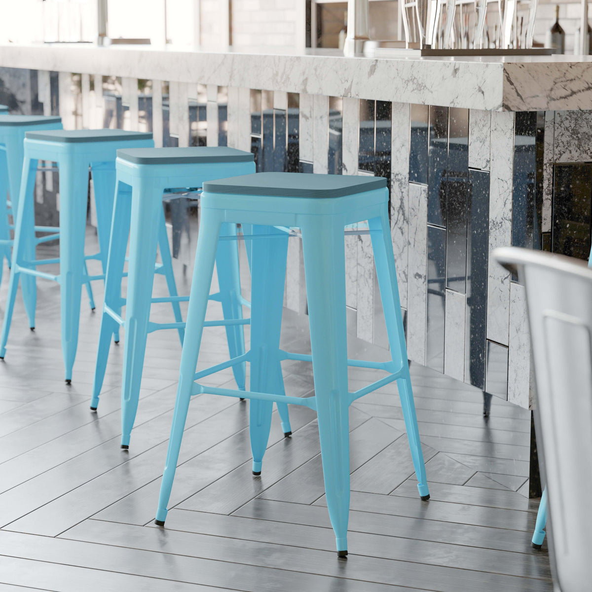 Teal-Blue Resin Wood Seat/Teal Frame |#| All-Weather Teal Commercial Backless Bar Stools-Teal Poly Seat-4 PK