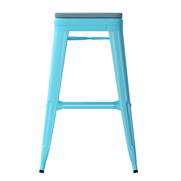 Teal-Blue Resin Wood Seat/Teal Frame |#| All-Weather Teal Commercial Backless Bar Stools-Teal Poly Seat-4 PK