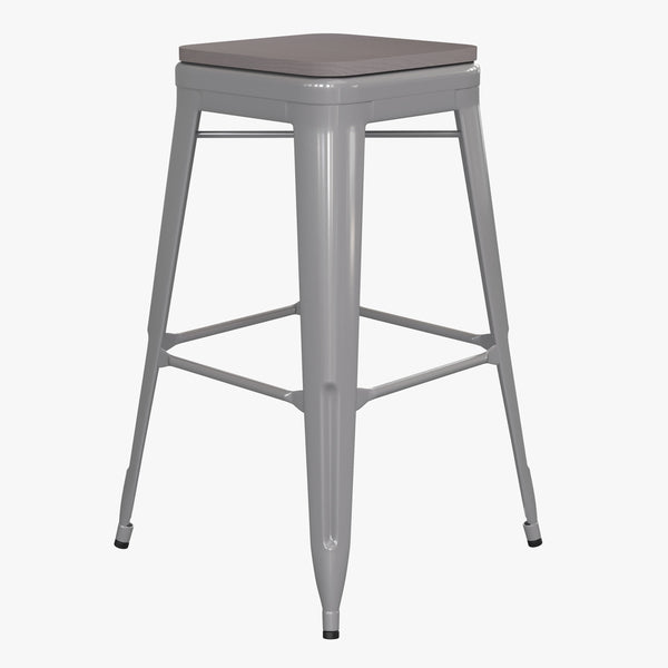 Gray Resin Wood Seat/Silver Frame |#| All-Weather Silver Commercial Backless Bar Stools-Gray Poly Seat-4 PK