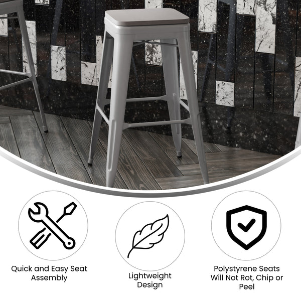 Gray Resin Wood Seat/Silver Frame |#| All-Weather Silver Commercial Backless Bar Stools-Gray Poly Seat-4 PK