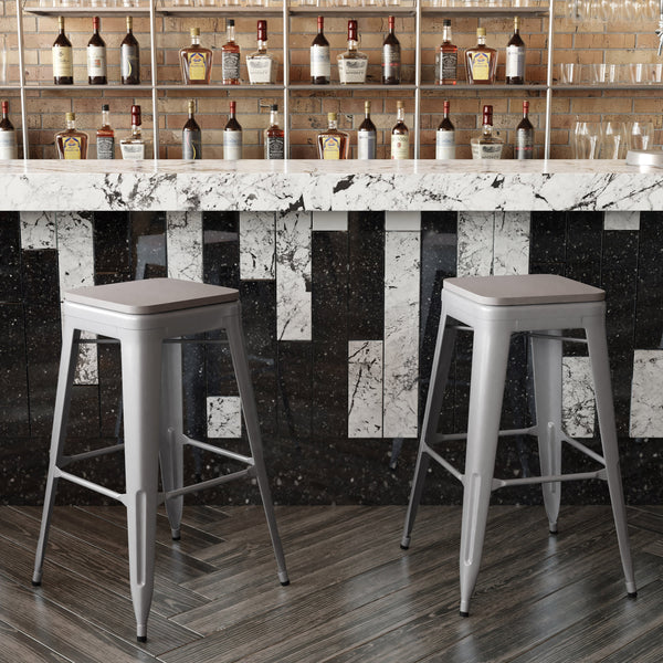 Gray Resin Wood Seat/Silver Frame |#| All-Weather Silver Commercial Backless Bar Stools-Gray Poly Seat-4 PK