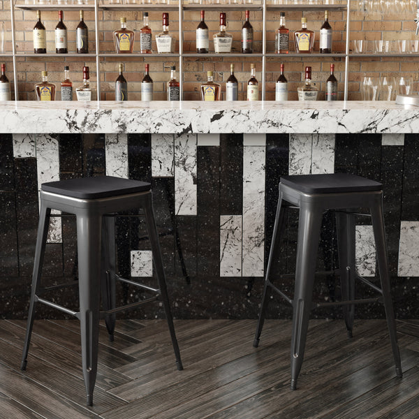 Black Resin Wood Seat/Black Frame |#| All-Weather Black Commercial Backless Bar Stools-Black Poly Seat-4 PK