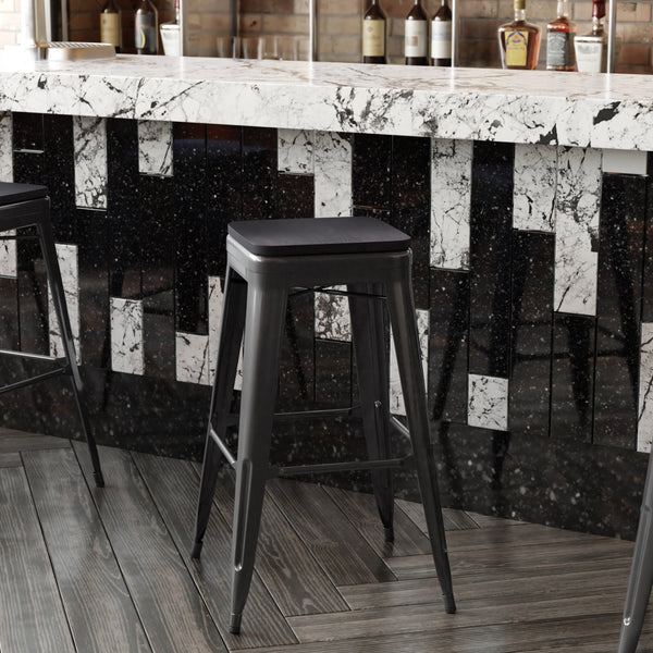 Black Resin Wood Seat/Black Frame |#| All-Weather Black Commercial Backless Bar Stools-Black Poly Seat-4 PK