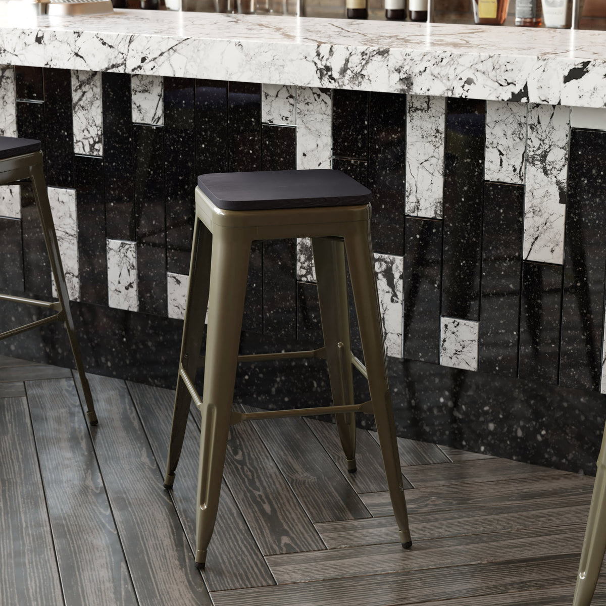 Black Resin Wood Seat/Gun Metal Frame |#| All-Weather GN Commercial Backless Bar Stools-Black Poly Seat-4 PK