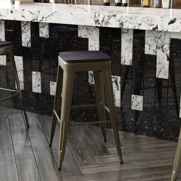 Black Resin Wood Seat/Gun Metal Frame |#| All-Weather GN Commercial Backless Bar Stools-Black Poly Seat-4 PK
