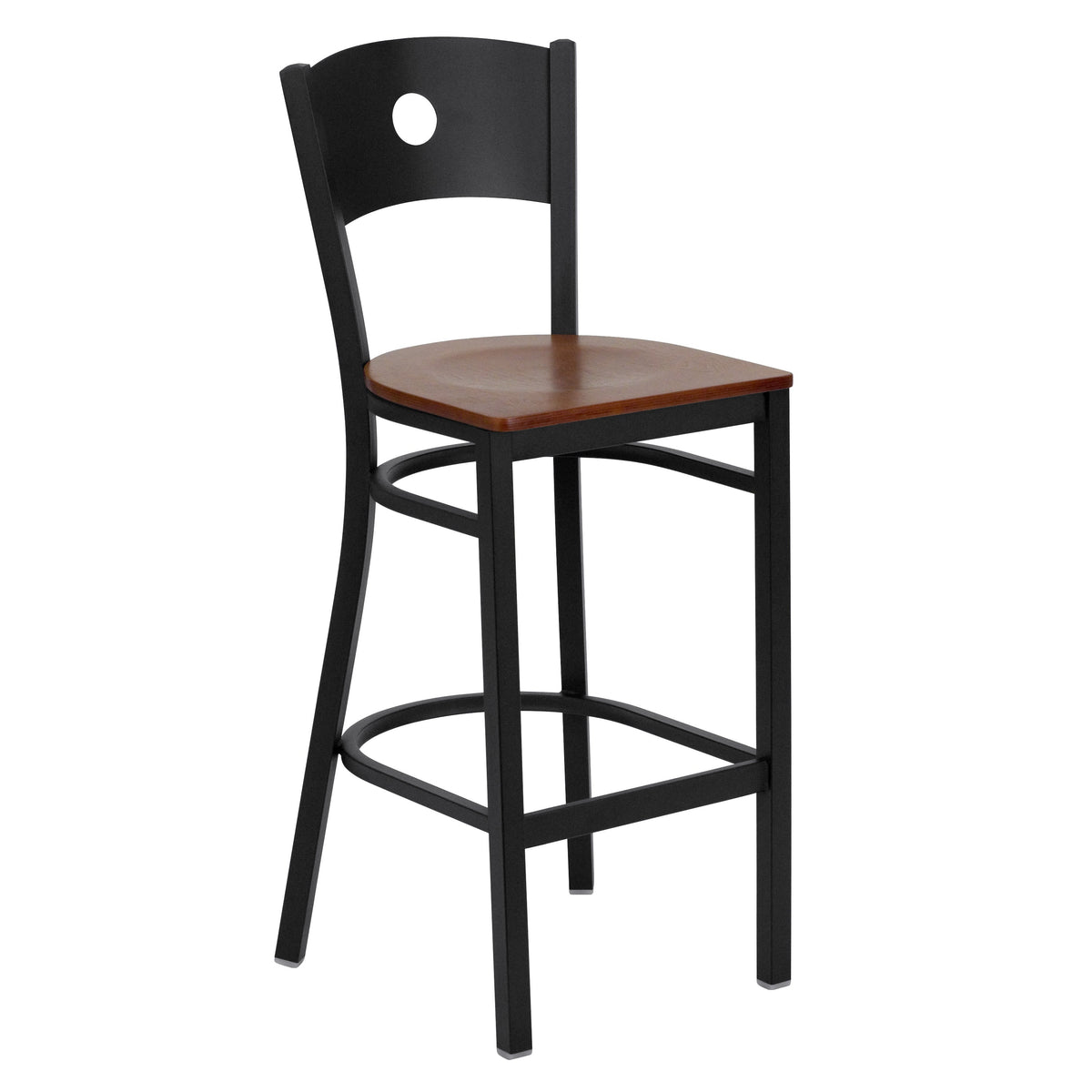 Cherry Wood Seat/Black Metal Frame |#| Black Circle Back Metal Restaurant Barstool - Cherry Wood Seat