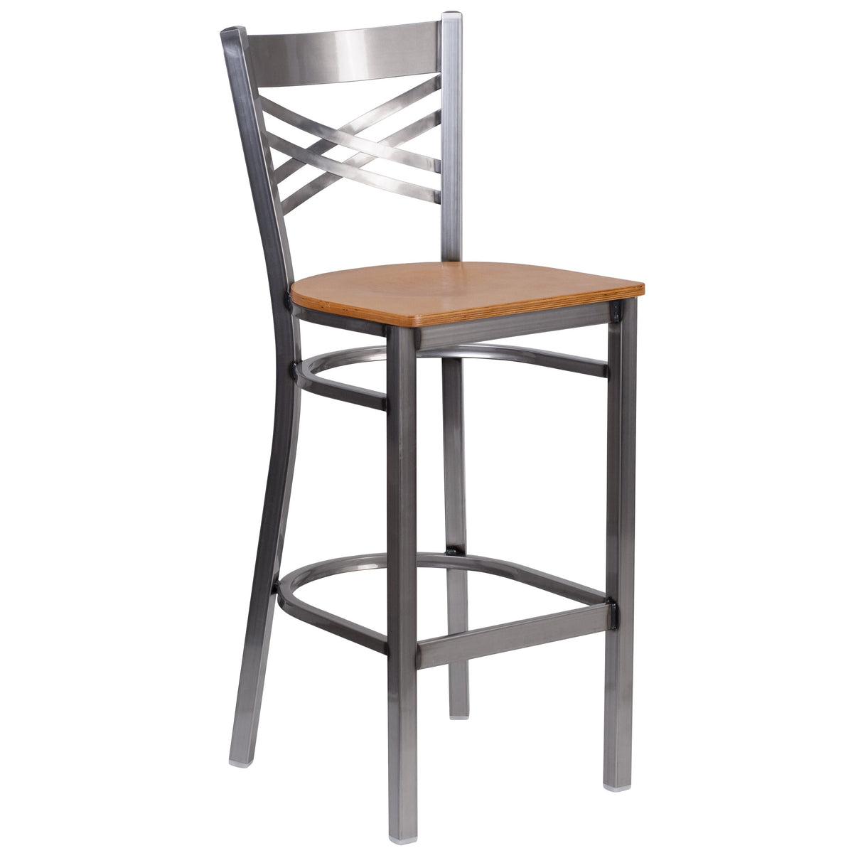 Natural Wood Seat/Clear Coated Metal Frame |#| Clear Coated inchXinch Back Metal Restaurant Barstool - Natural Wood Seat