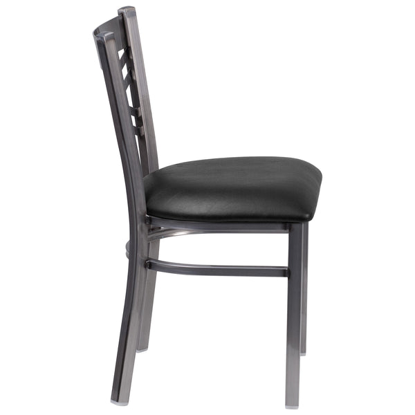 Black Vinyl Seat/Clear Coated Metal Frame |#| Clear Coated inchXinch Back Metal Restaurant Chair - Black Vinyl Seat