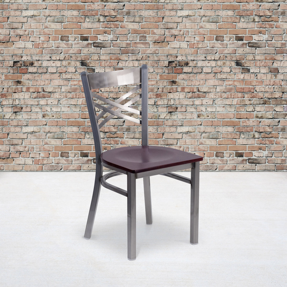 Mahogany Wood Seat/Clear Coated Metal Frame |#| Clear Coated inchXinch Back Metal Restaurant Chair - Mahogany Wood Seat