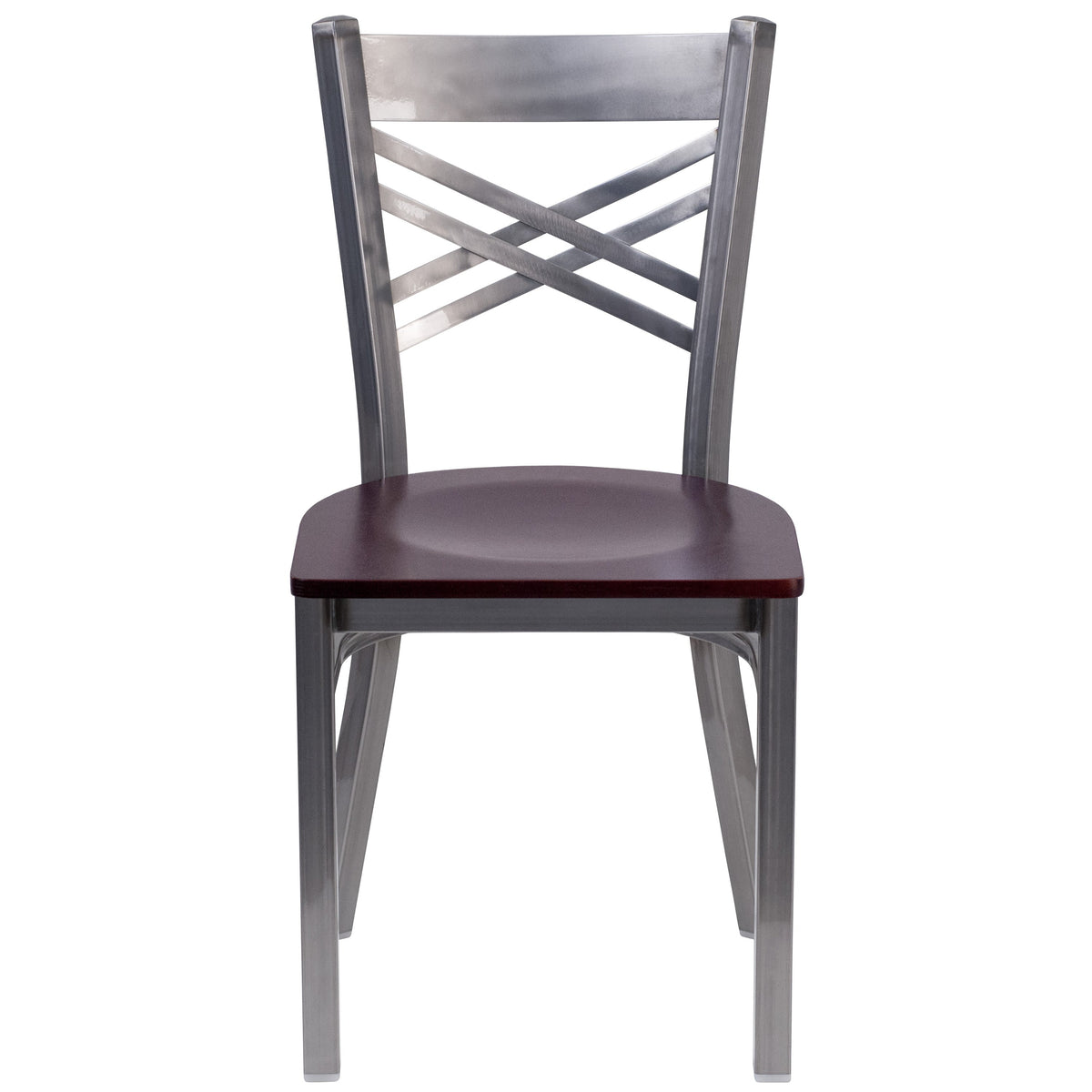 Mahogany Wood Seat/Clear Coated Metal Frame |#| Clear Coated inchXinch Back Metal Restaurant Chair - Mahogany Wood Seat