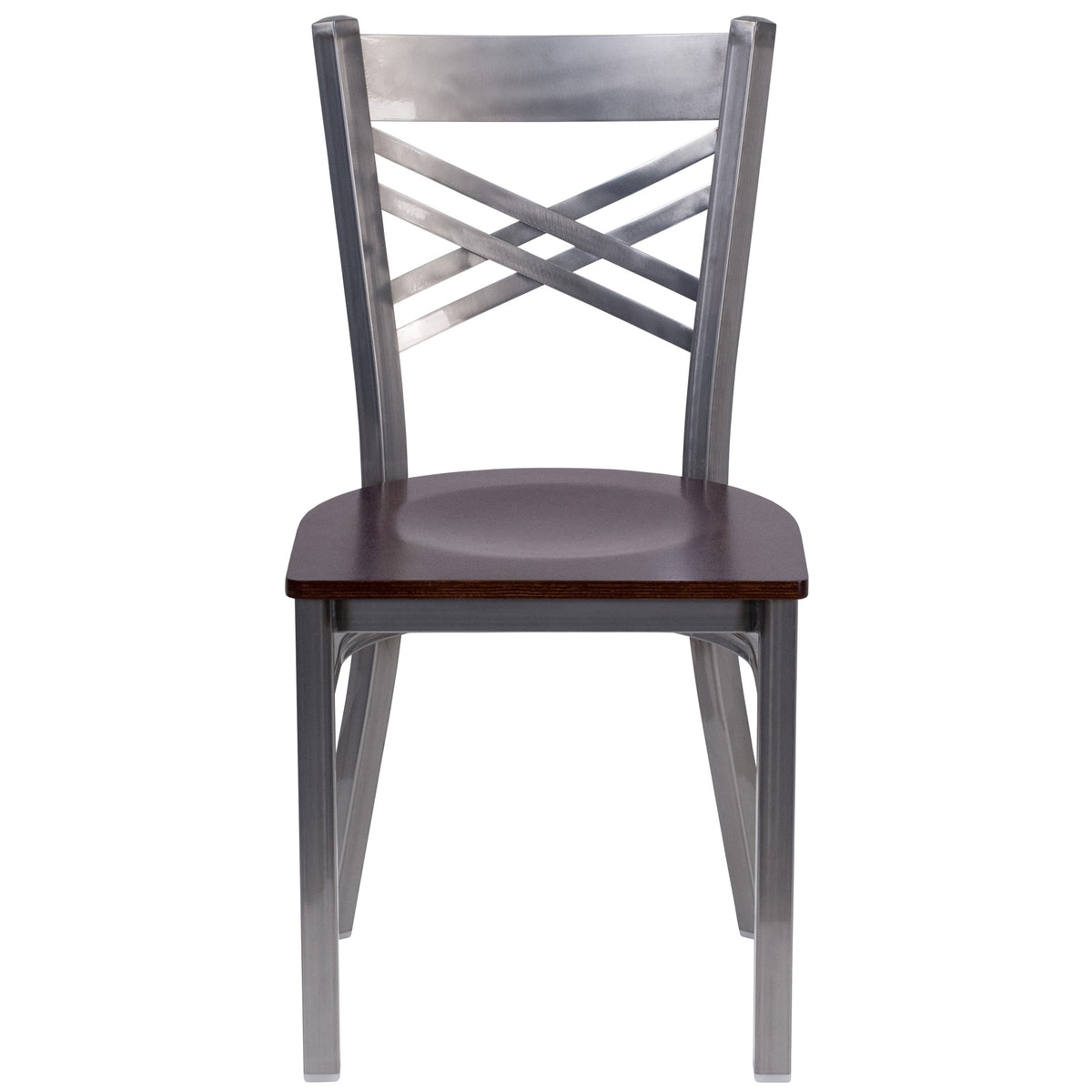 Walnut Wood Seat/Clear Coated Metal Frame |#| Clear Coated inchXinch Back Metal Restaurant Chair - Walnut Wood Seat