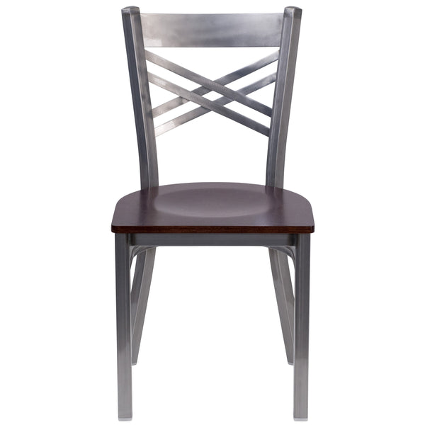 Walnut Wood Seat/Clear Coated Metal Frame |#| Clear Coated inchXinch Back Metal Restaurant Chair - Walnut Wood Seat