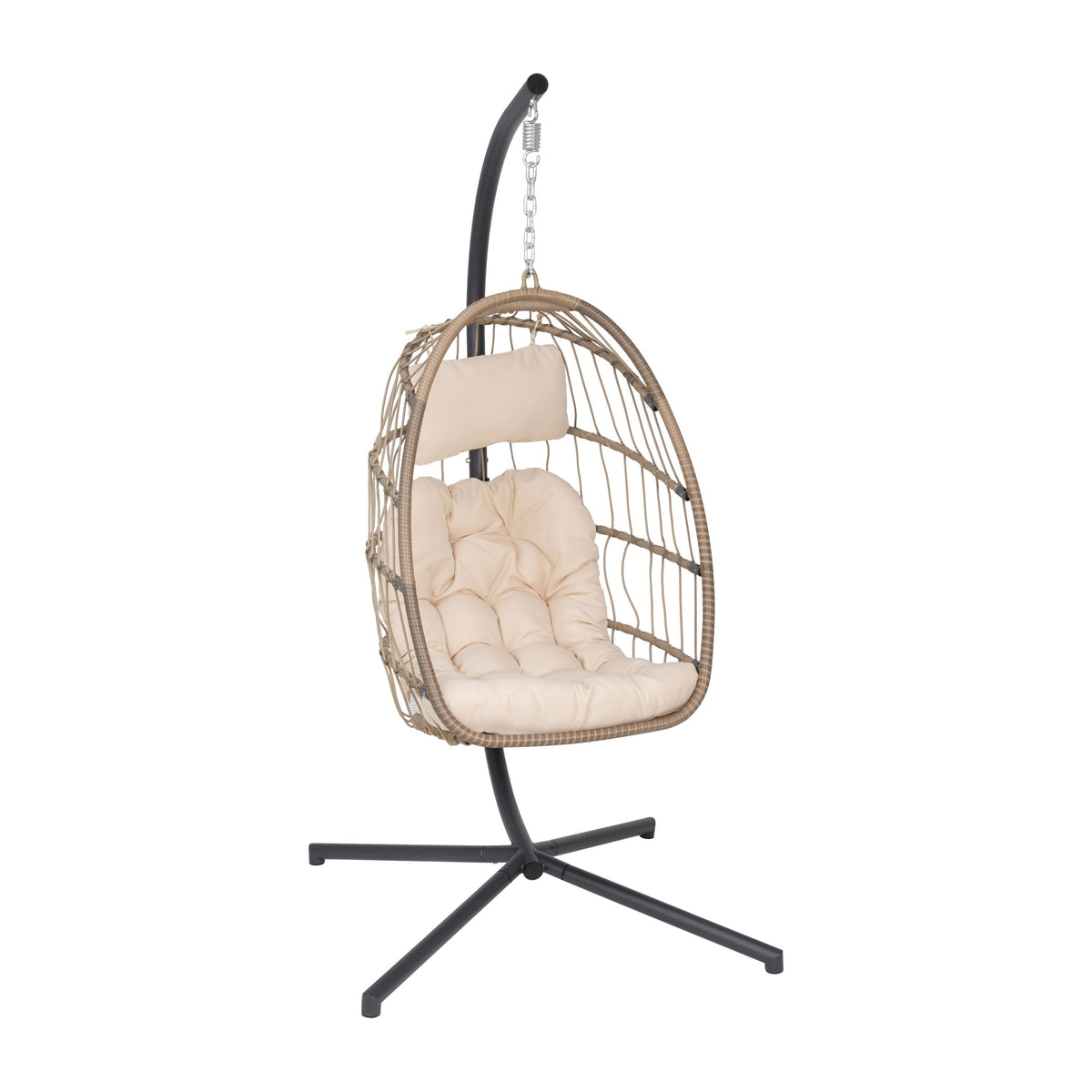 Natural |#| Foldable Hanging Egg Chair with Included C-Stand and Cream Cushions - Natural