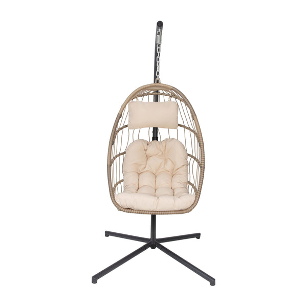 Natural |#| Foldable Hanging Egg Chair with Included C-Stand and Cream Cushions - Natural