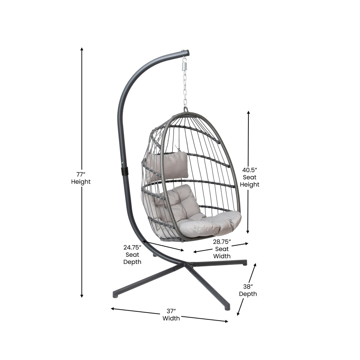 Gray |#| Foldable Hanging Egg Chair with Included C-Stand and Gray Cushions - Gray