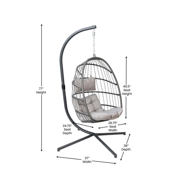 Gray |#| Foldable Hanging Egg Chair with Included C-Stand and Gray Cushions - Gray