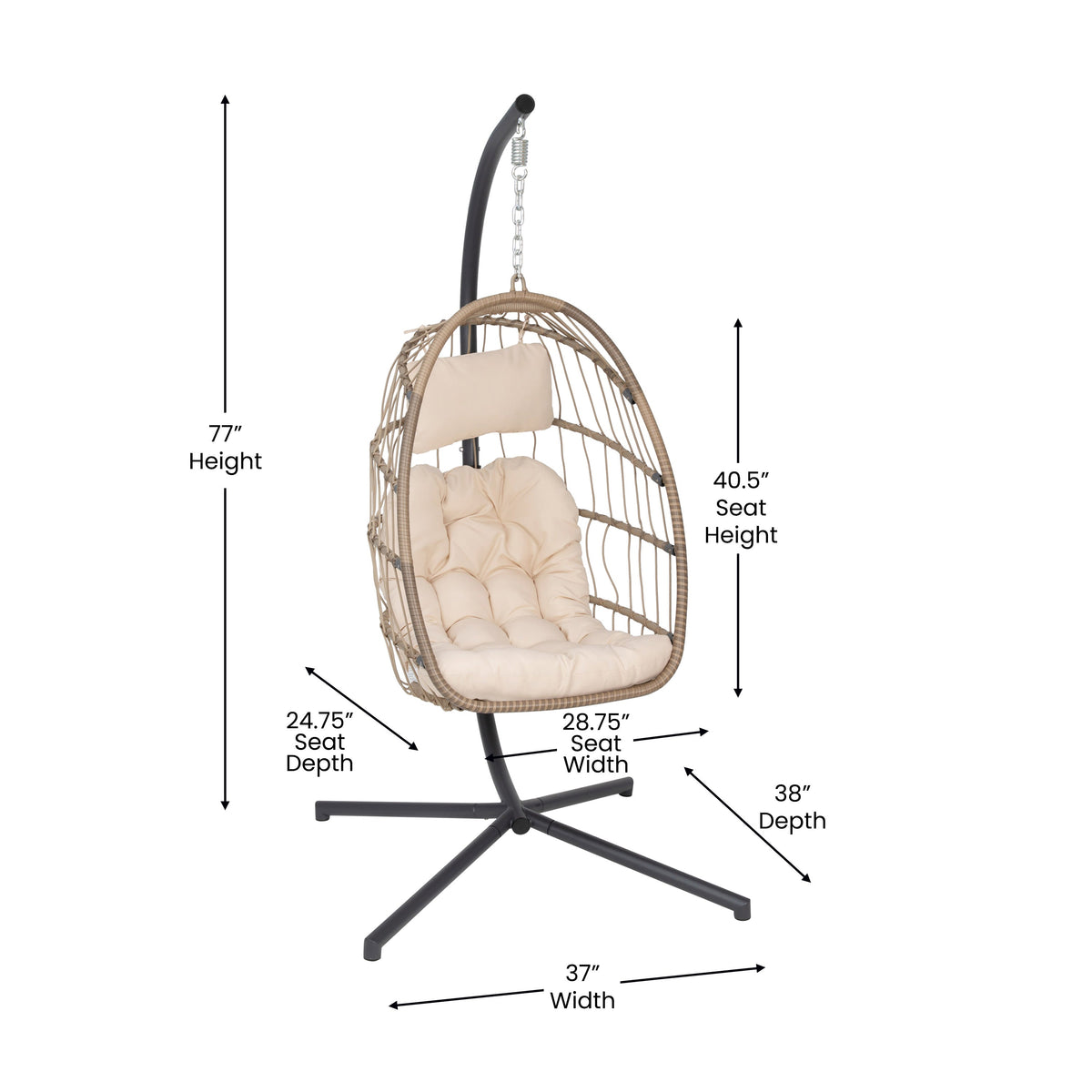 Natural |#| Foldable Hanging Egg Chair with Included C-Stand and Cream Cushions - Natural