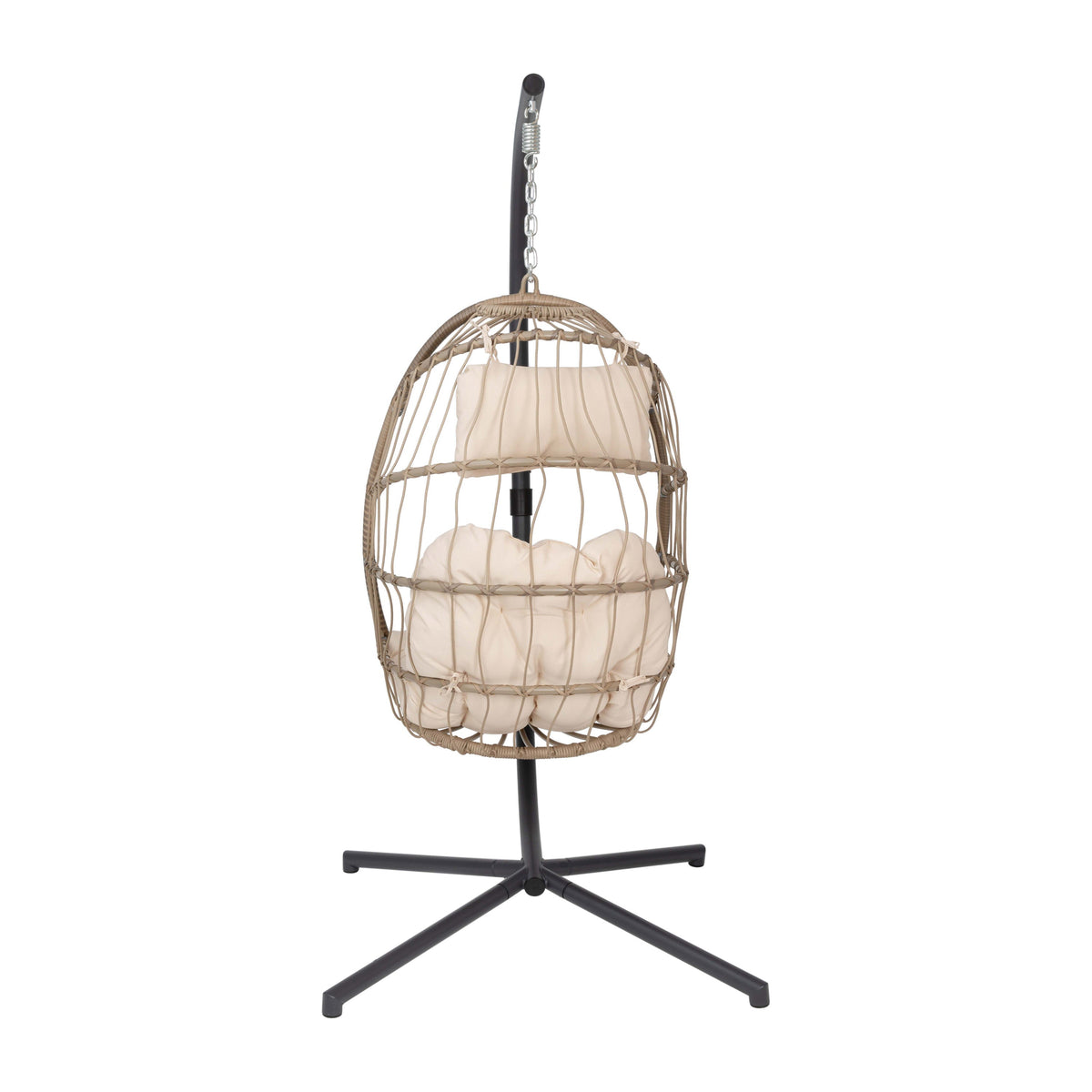 Natural |#| Foldable Hanging Egg Chair with Included C-Stand and Cream Cushions - Natural