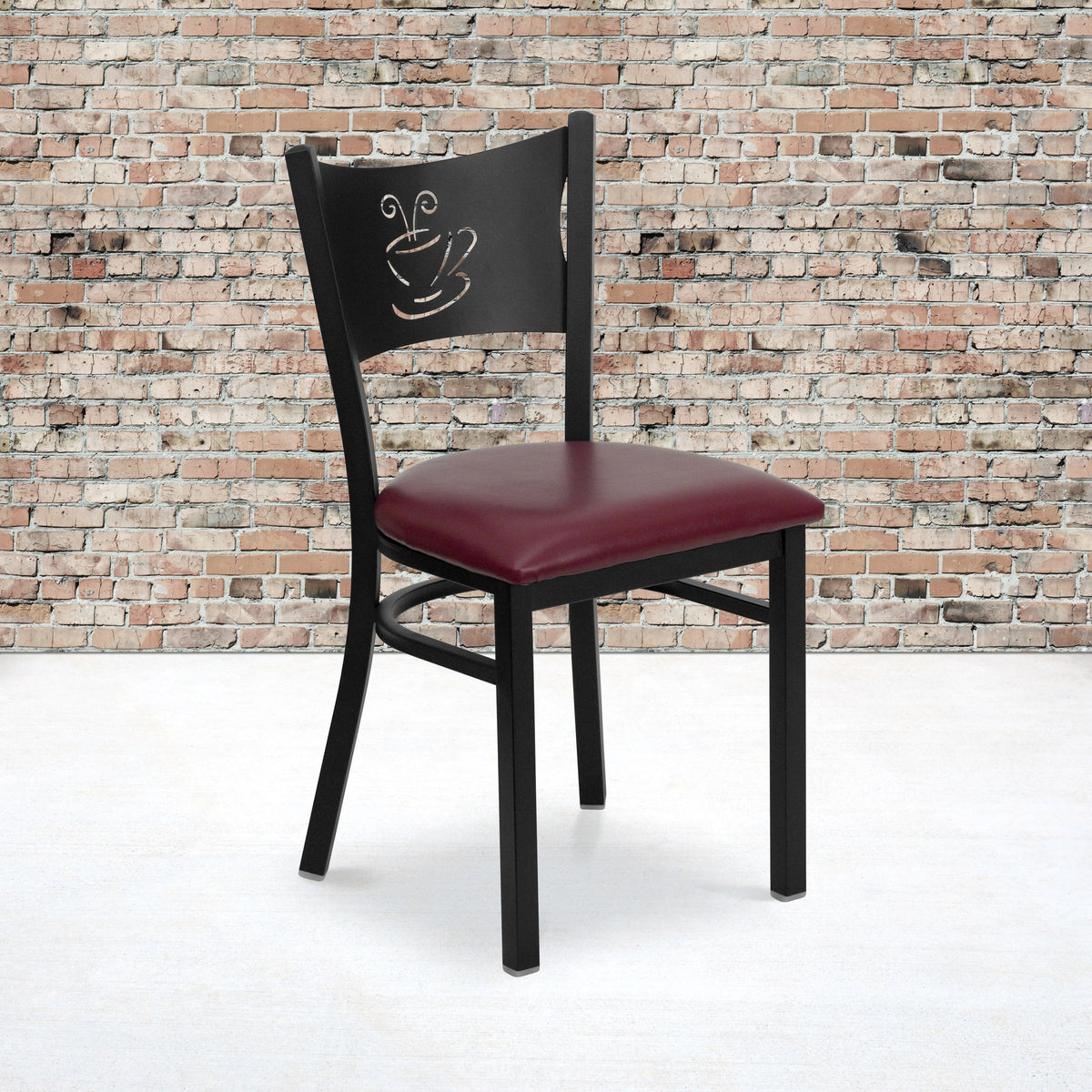 Burgundy Vinyl Seat/Black Metal Frame |#| Black Coffee Back Metal Restaurant Chair with Burgundy Vinyl Foam Padded Seat