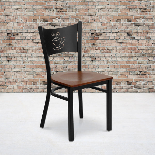 Cherry Wood Seat/Black Metal Frame |#| Black Coffee Back Metal Restaurant Chair with Cherry Wood Seat