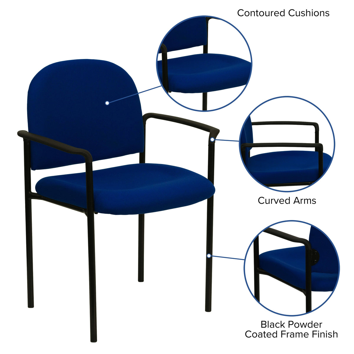 Navy Fabric |#| Comfort Navy Fabric Stackable Steel Side Reception Chair with Arms - Guest Chair