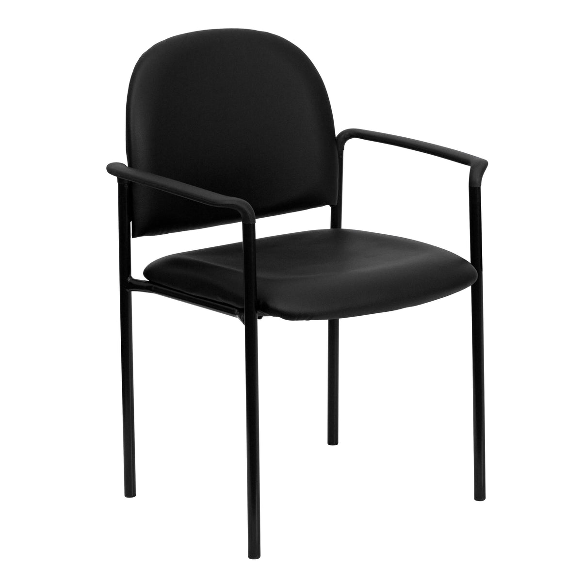 Black Vinyl |#| Comfort Black Vinyl Stackable Steel Side Reception Chair with Arms - Guest Chair