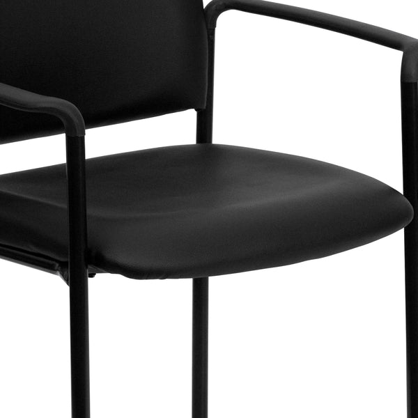 Black Vinyl |#| Comfort Black Vinyl Stackable Steel Side Reception Chair with Arms - Guest Chair