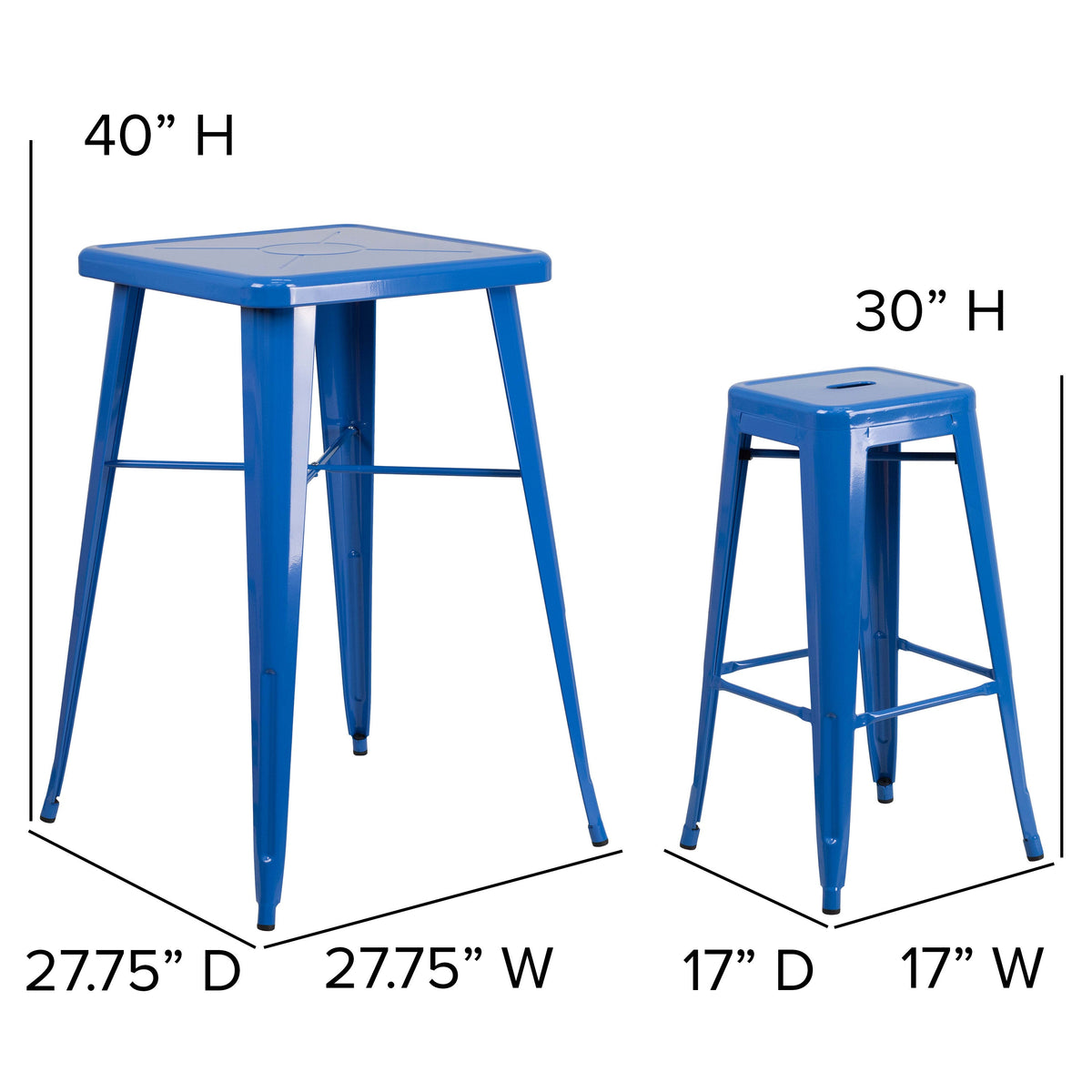 Blue |#| 23.75inch Square Blue Metal Bar Table Set with 2 Square Seat Backless Stools