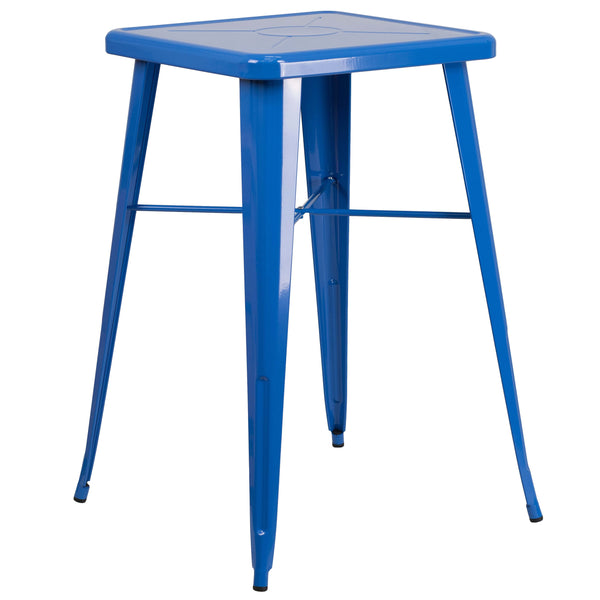 Blue |#| 23.75inch Square Blue Metal Bar Table Set with 2 Square Seat Backless Stools