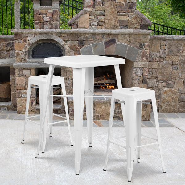 White |#| 23.75inch Square White Metal Bar Table Set with 2 Square Seat Backless Stools
