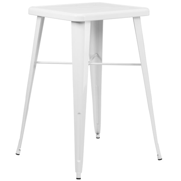 White |#| 23.75inch Square White Metal Bar Table Set with 2 Square Seat Backless Stools