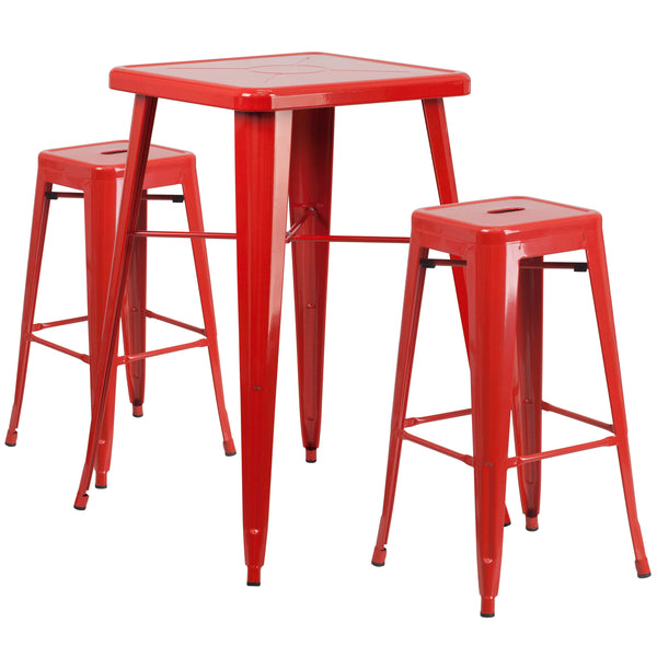 Red |#| 23.75inch Square Red Metal Bar Table Set with 2 Square Seat Backless Stools