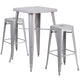 Silver |#| 23.75inch Square Silver Metal Bar Table Set with 2 Square Seat Backless Stools