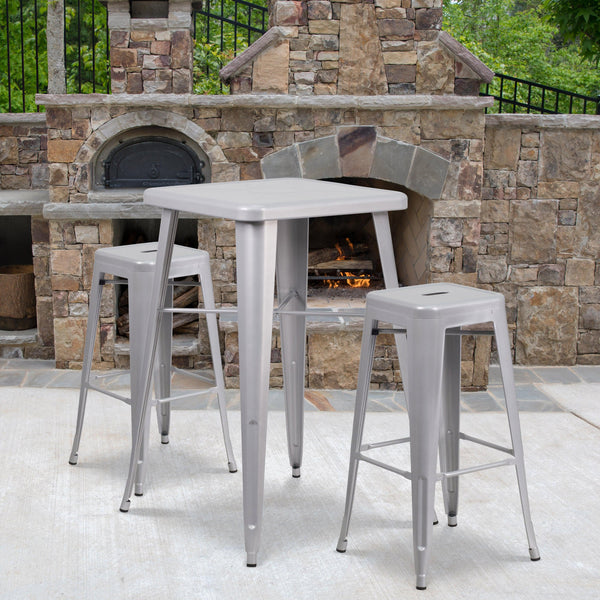 Silver |#| 23.75inch Square Silver Metal Bar Table Set with 2 Square Seat Backless Stools